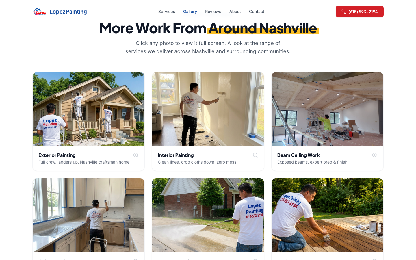 Lopez Painting gallery page showing portfolio of services