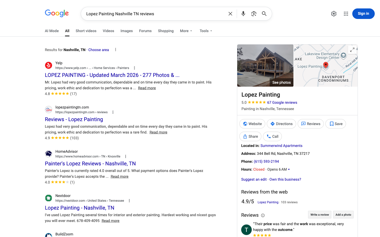 Lopez Painting Google reviews showing 4.9 stars