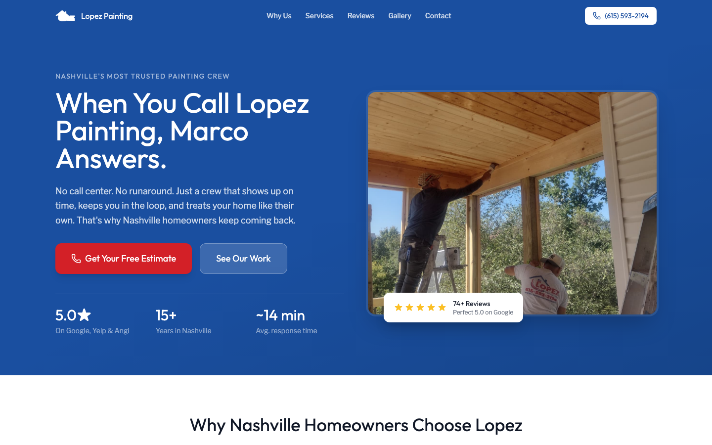 Design 3 — When You Call, Marco Answers. Bold blue, personal