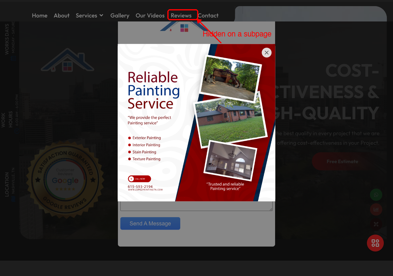 Current site navigation with Reviews buried in nav